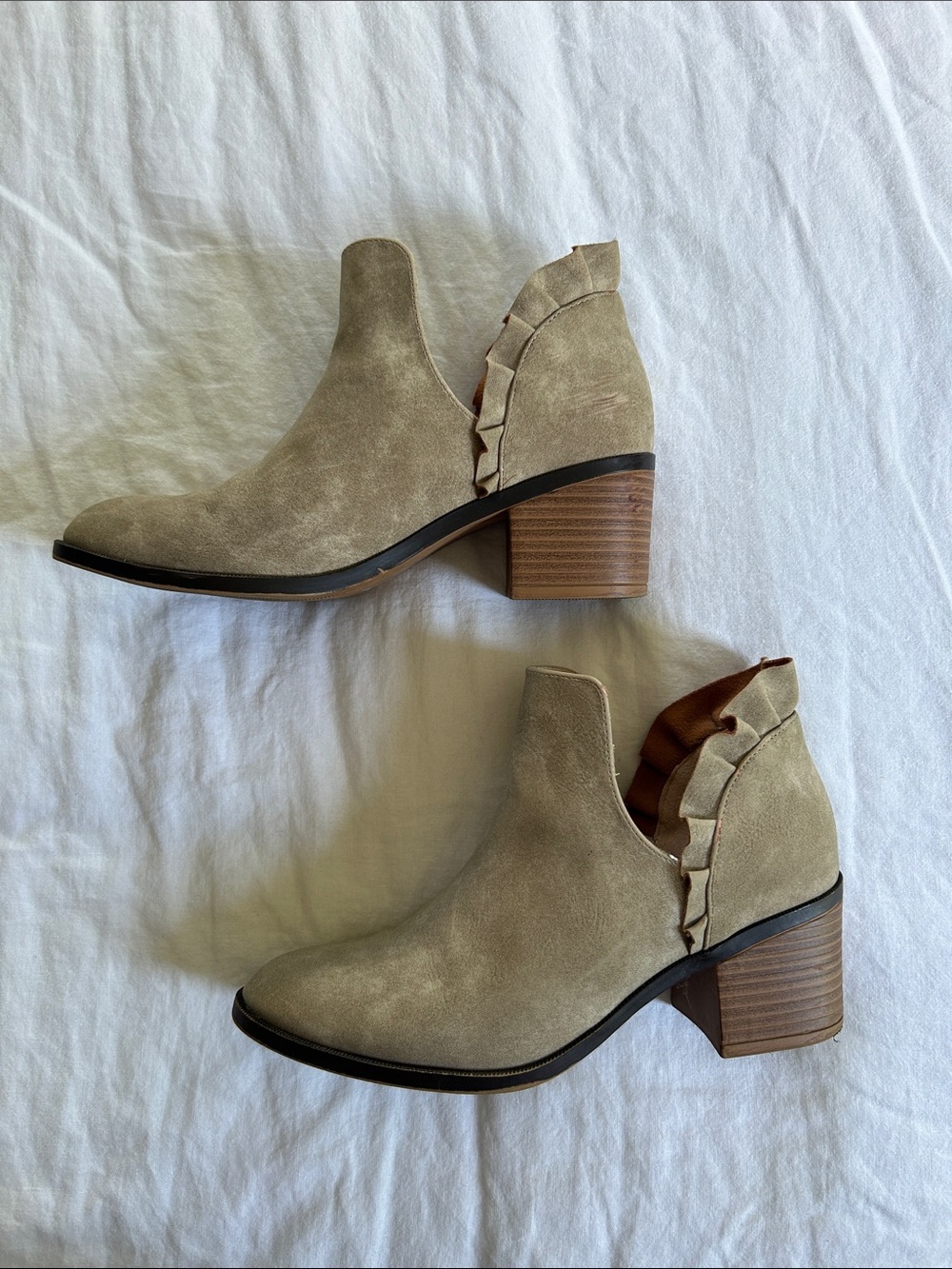 Women's Taupe Suede Ruffle Ankle Booties